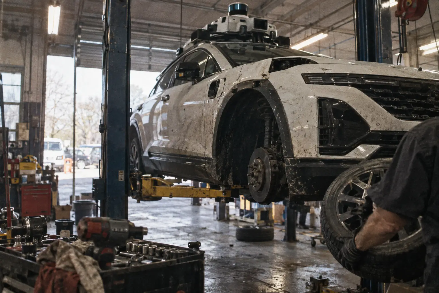 A conceptual local service bay illustrates the vehicle-support challenge facing robotaxi expansion. Illustration generated by AI.