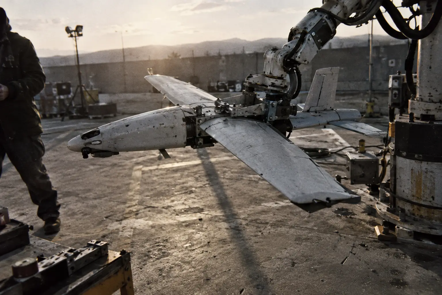 Conceptual depiction of a fixed-wing drone paired with a robotic arm for launch and capture. Illustration generated by AI.