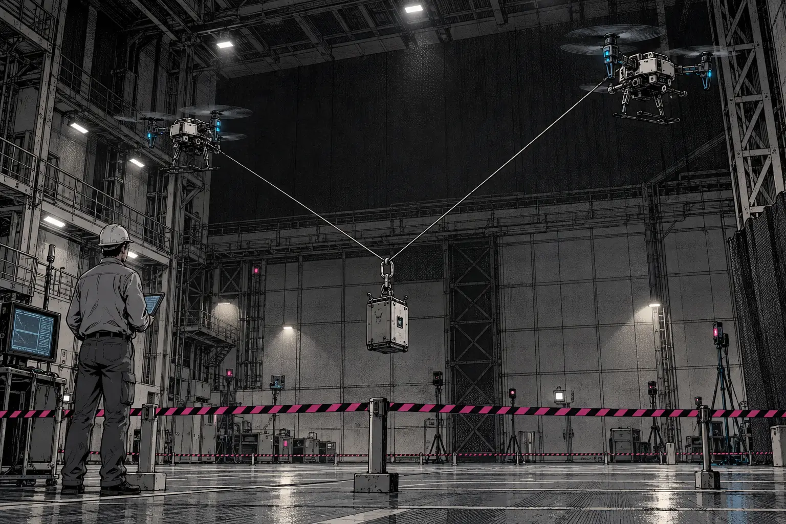 Two Quadrotors Transport a Load as Cable Slides Through Its Hook